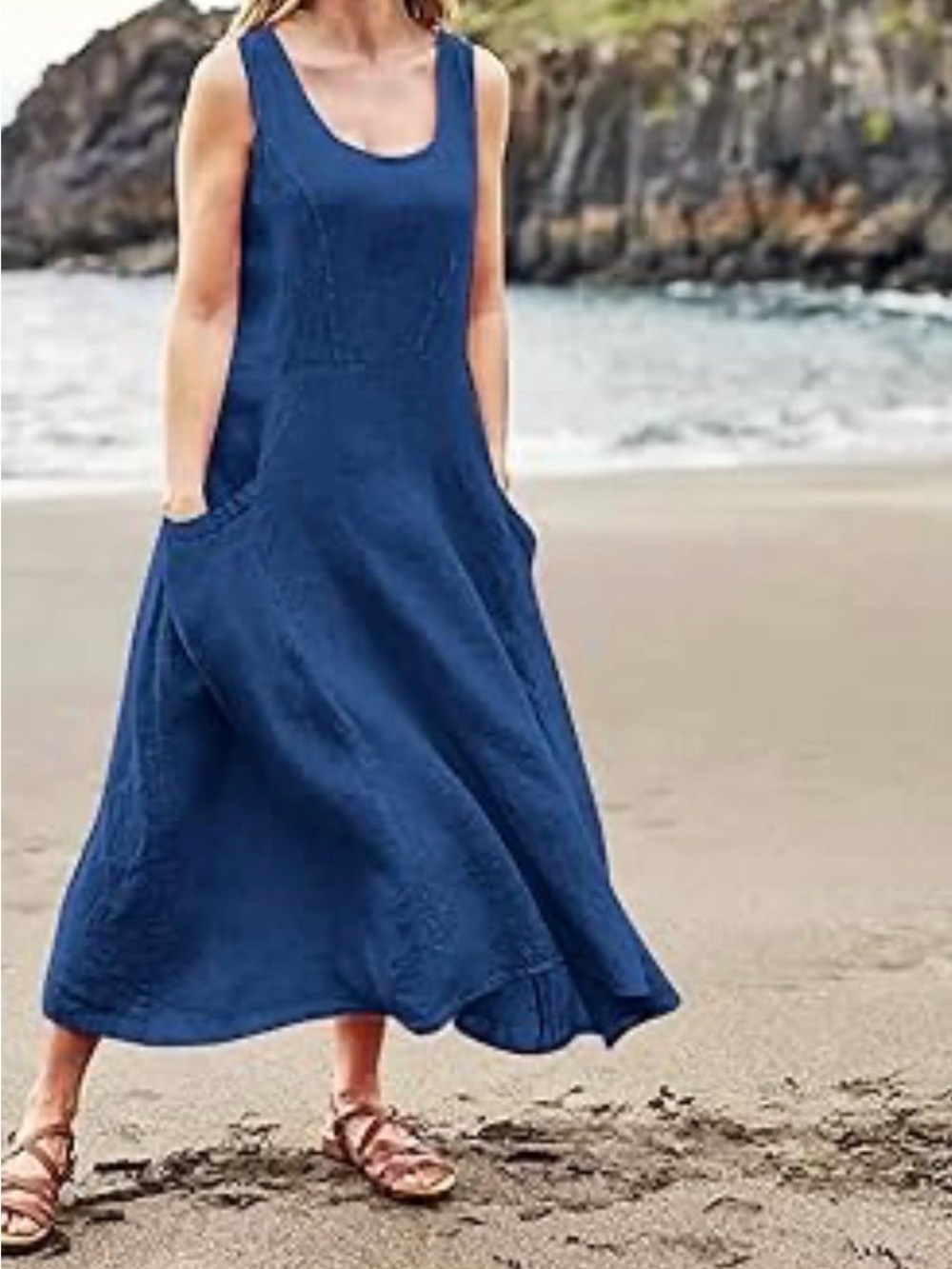 Lands Downunder Made in Italy 100% Linen Blue Sleeveless Dress with Pockets L